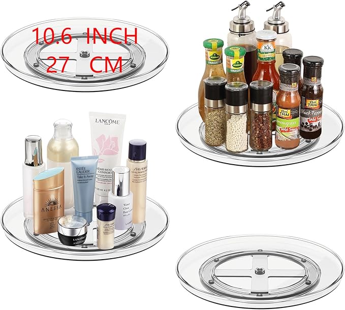 10.6 Inch Clear Lazy Susan Turntable Cabinet Organizer, Rotating Spice Rack Pantry Organization and Storage for Kitchen, Bathroom Makeup Vanity Countertop, Fridge,4-Pack
