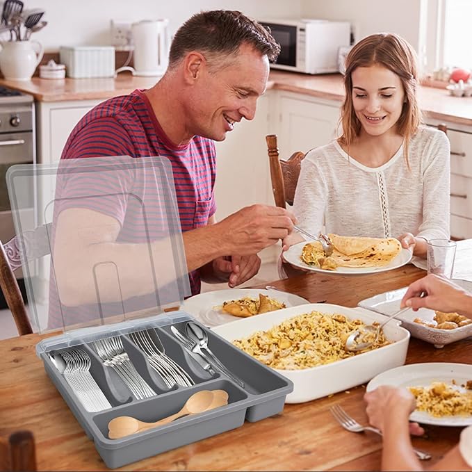Silverware Organizer with Lid for Drawer, Plastic Utensil Holder for Countertop, Flatware Organizer Cutlery Tray with Cover 5 Compartments (Gray)