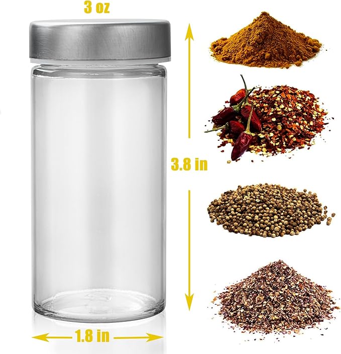 6 Pcs Glass Spice Jars/Bottles for Rotating Spice Rack-3oz Empty round Spice Containers with Airtight Metal Caps with Shaker Lids (6, Stainless Steel Lids)