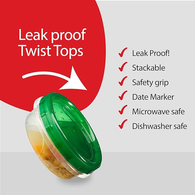 PLASTICPRO 6 Pack Twist Cap Food Storage Containers with Green Screw on Lid- 8 oz Reusable Meal Prep Containers - Freezer and Microwave Safe Green Plastic Food Storage