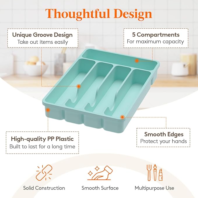 Lifewit Silverware Organizer with Lid, Covered Utensil Tray for Kitchen Drawer and Countertop, Plastic Cutlery and Flatware Storage Box for Spoons Forks Knives Holder Case, 5 Compartments, Turquoise