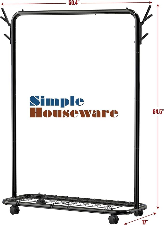 Simple Houseware Industrial Style Garment Rack with Wheels and Hooks, Black