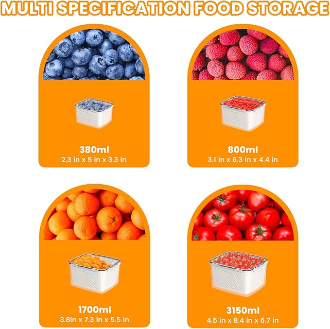 Fruit Storage Containers for Fridge - 4PCS Food Storage Containers with Lids - Produce Containers for Fridge with Removable Colander - Keep Berry Fruit Vegetable Food Meat Fresh Longer