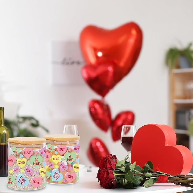 3Pcs Valentine Glass Storage Jars With Airtight Lid Pastel Conversation Heart Decorative Canisters Sets For Home Kitchen Countertop