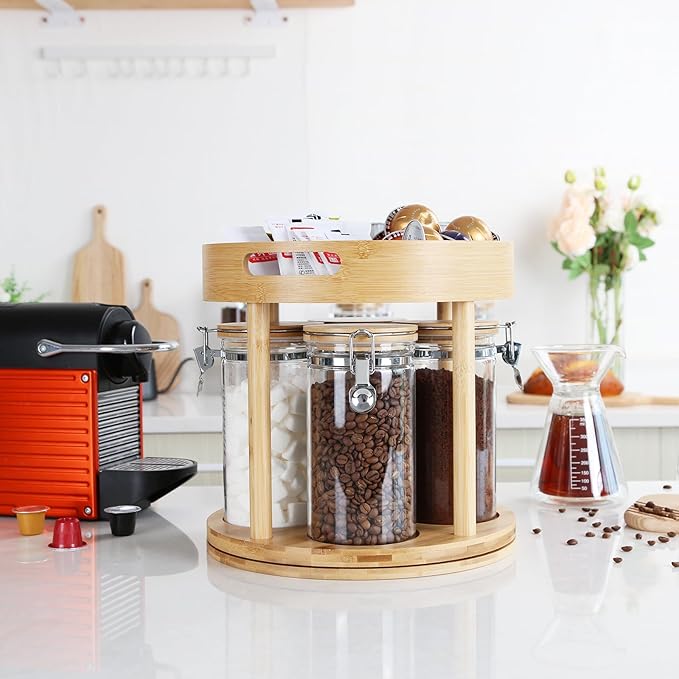 KKC HOME ACCENTS Coffee Tea Bar Accessories Organizer for Countertop,Coffee Bar Lazy Susan Organizer with 4 Airtight Glass Canisters for Countertop,2 Tier,Bamboo
