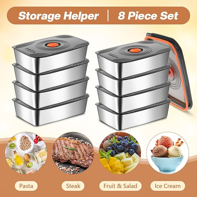 8 Set 60oz Stainless Steel Food Storage Containers Reusable Metal Meat Marinating Container with Lids Fruit Lunch Storage Box for Leftovers,dishwasher and Freezer Safe 1800ml