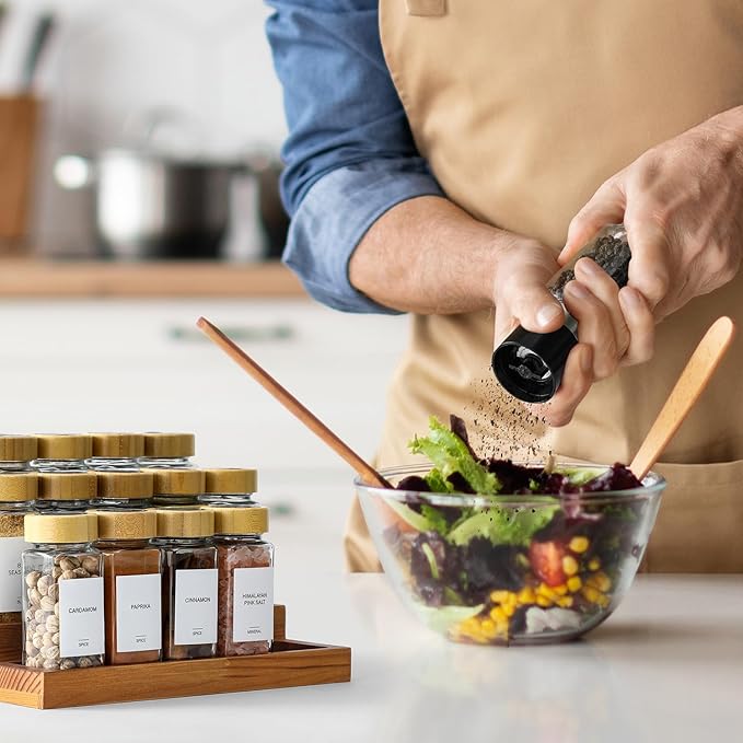 AOZITA 14 Pcs Spice Jars with Bamboo Lids - 4oz Square Spice Bottles with Spice Labels, Shaker Lids, Funnel