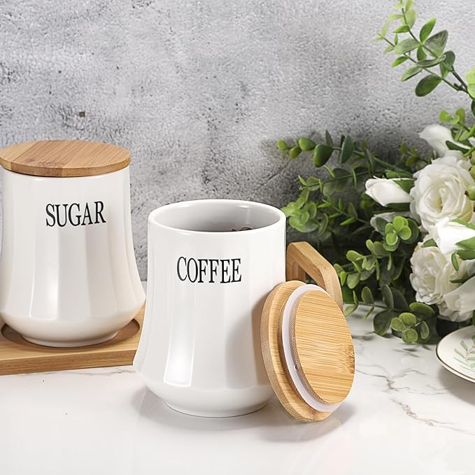 JUXYES Set of 3 Ceramic Canisters Set for Sugar Coffee Tea, Luxurious Storage Containers Sets with Serving Tray Decorative Storage Pots White Ceramic Storage Jar for Kitchen Counter Dining Room