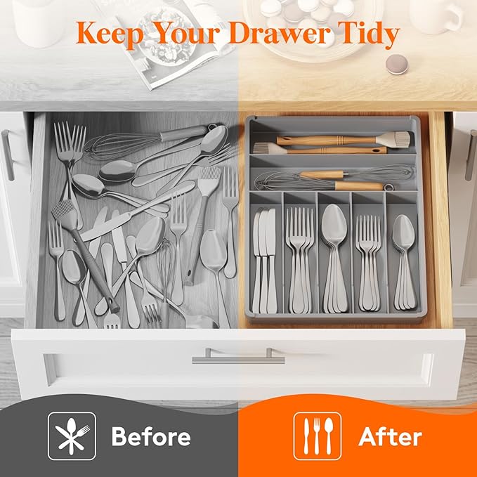Lifewit Silverware Tray, Deep Wide Cutlery Drawer Organizer Storage for Kitchen, Plastic Flatware Utensil Holder Divider for Spoons Forks Knives Tableware, 7 Compartment, Gray