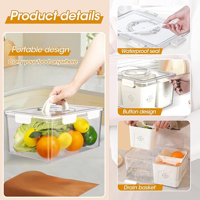 Large Airtight Fruit Storage Containers for Fridge with Lids & Handle, BPA-Free Food Storage Container, Kitchen Organizers and Storage, Organization and Storage, Refrigerator Oorganizers and Storage