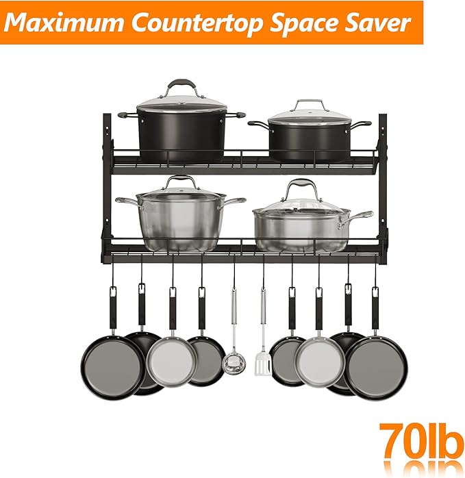2 Tiers Hanging Pot Rack Wall Mounted, Large Weight Capacity Pots and Pans Hanging Rack with 10 Hooks for KItchen Organizer Storage(Heavy Duty)