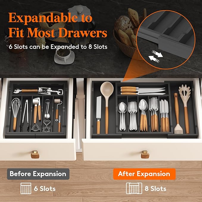 Lifewit Silverware Drawer Organizer, Expandable Utensil Tray for Kitchen, Bamboo Flatware and Cutlery Holder, Wood Adjustable Storage for Spoons Forks Knives, Large, Black