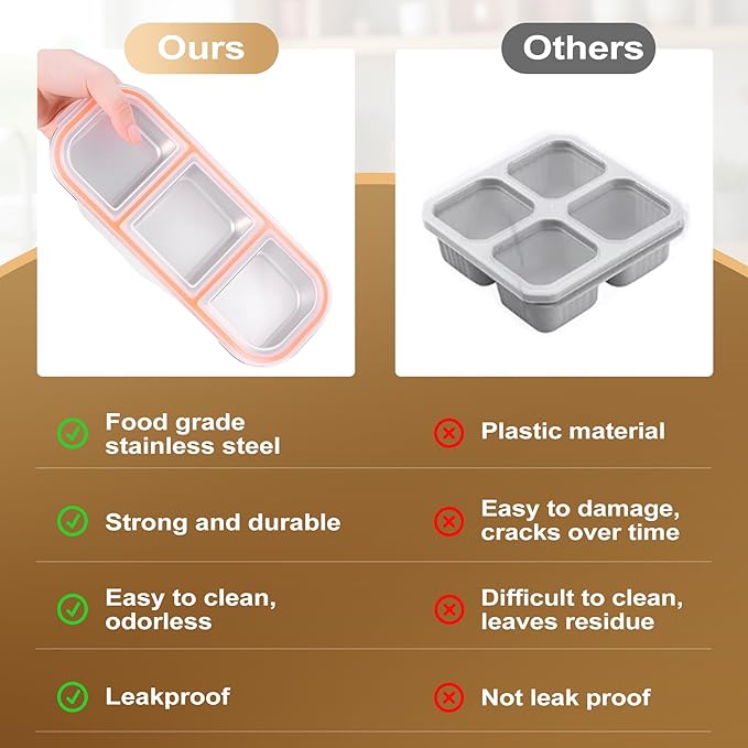Stainless Steel Snack Containers - Reusable 3 Compartment Condiment Box with Lids for Kids Adults, Grab and Go Divided Snack Food Storage Containers Sauce Cups for School, Travel