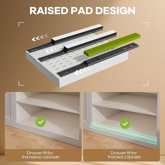 2 Pack Pull out Cabinet Organizer 21" Deep With Raising Pad for Framed Cabinets, Expandable Slide out Drawers for Kitchen Cabinets with 4pcs Divider Racks, Roll out Shelves 9"-14" W White