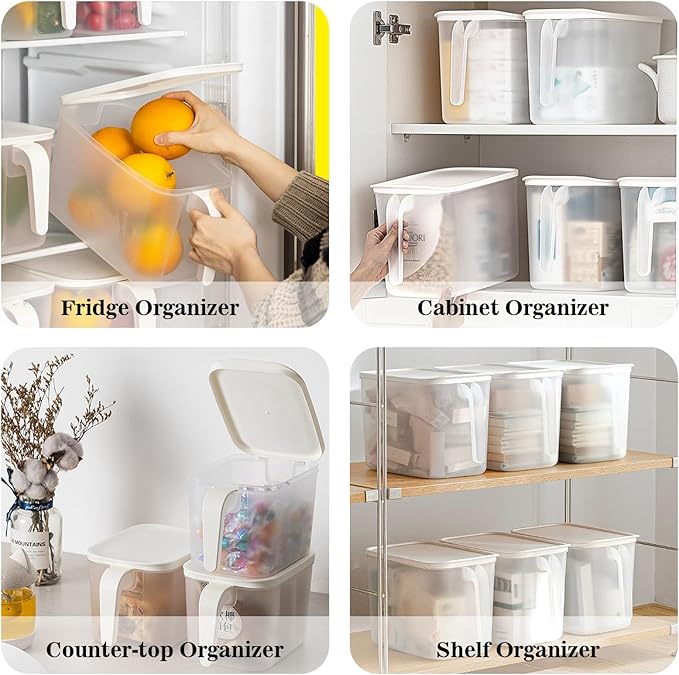 MineSign 4Pack Plastic Storage Containers with Lid Large Square Food Storage Organizer Stackable Refrigerator Organizer with Handle Kitchen Containers for Fruits Vegetables Meat Egg