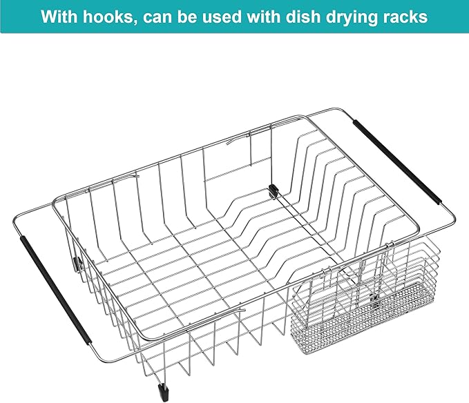 iPEGTOP Utensil Drying Rack Basket Holder for Kitchen Counter, Hanging Standing Cutlery Silverware Flatware Organizer with Hooks for Spatula Spoon, Rustproof 304 Stainless Steel