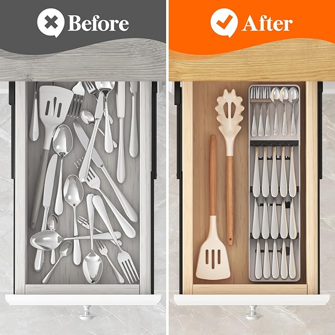 Lifewit Compact Flatware Drawer Organizer, Narrow Silverware Tray for Kitchen Drawers, Plastic Cutlery Holder for Spoons, Forks and Knives, Utensils Storage Organization, 2 Pack, Gray