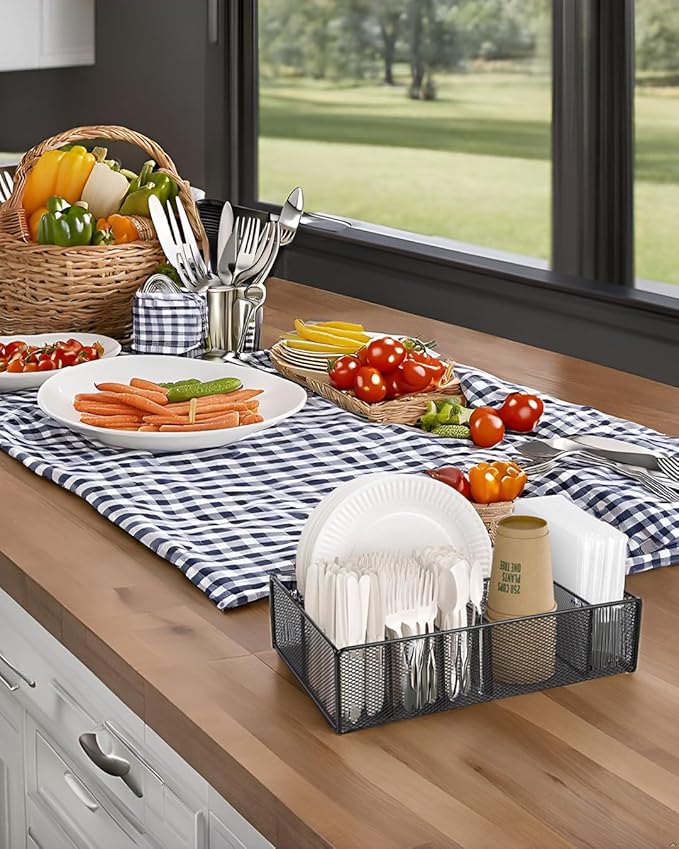 Paper plate organizer for Kitchen Countertop,Flatware Utensil Caddy,Utensil Holder Organizer with 6 Compartments for for Kitchen,Picnic,Indoor/Outdoor Dinner Parties,BBQ