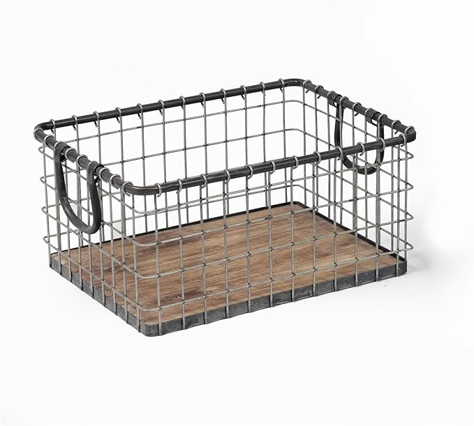 16" Rectangular Sturdy Hand Welded Farmhouse Metal Wire Basket with Rustic Wooden Bottom For Shelves, Closet Storage Bins for Shelves. Also For Laundry, Towel, Spice Rack, Tool Box (1)