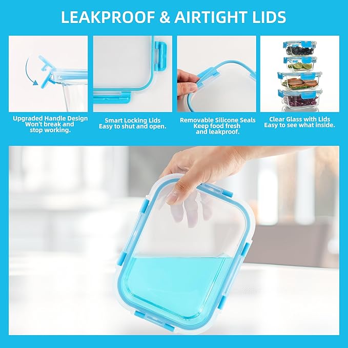 UMEIED 12 PACK Glass Food Storage Containers with Leak Proof Lids, Glass Airtight Meal Prep Containers Set for Lunch, On the Go, Leftover, Kitchen Pantry Organizers and Storage (Blue)