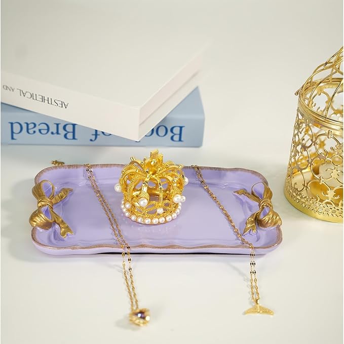Vintage Decorative Tray Jewelry Tray Towel Tray Storage Tray Rings Necklace Bracelets Earrings Trays Cosmetics Jewelry Organizer Retro Design Bow Decor Resin Plate Coquette Room Decor (Purple)