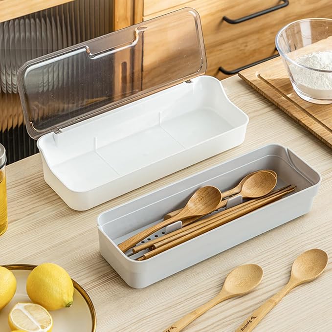 Plastic Kitchen Drawer Organizer with Lid and Drainer Stackable Utensil Holder for Countertop Silverware Tray Flatware Organizers - 13x4.7x2.4 Inch Spatula Cutlery Storage Box