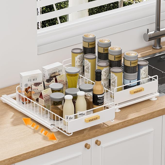 Under Sink Organizer, 2 Packs Under Sink Organizers and Storage, Slide Out Pull Out Cabinet Organizer Shelf with Metal Drawers for Kitchen Bathroom Pantry, White