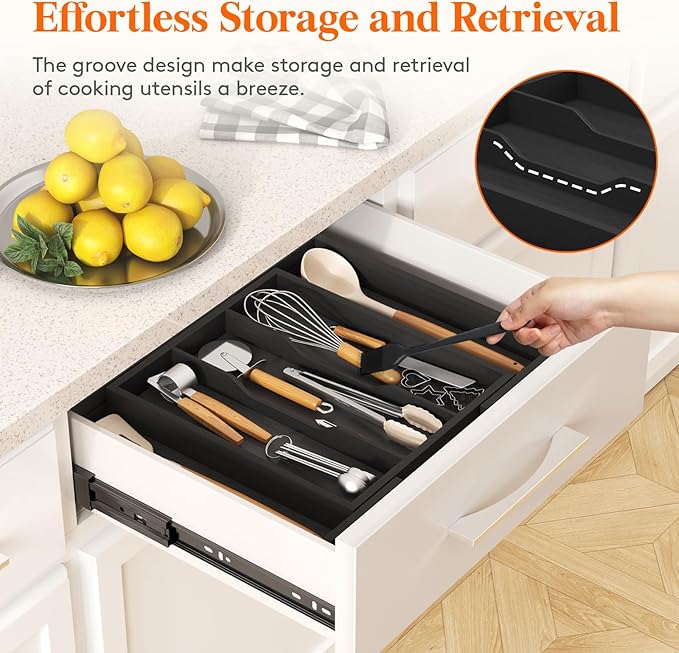 Lifewit Utensil Organizer for Kitchen Drawer, Expandable Cooking Utensil Tray, Bamboo Cutlery Silverware Flatware Holder, Adjustable Spatula Tools and Gadgets Storage Divider, Large, Black