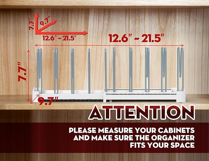 EVERIE Adjustable Bakeware Organizer Pot Lid Holder Rack for Pots, Cake Molds, Cutting Boards, Mats, Cookware, GS02SS, 7.7'' Deep by 12.6'' to 21.5'' Wide