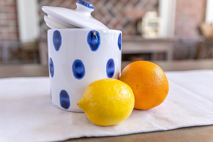 Vietri Viva Santorini White and Blue Dot Small Canister, 5" D Ceramic Earthenware White Canister, Kitchen Canister