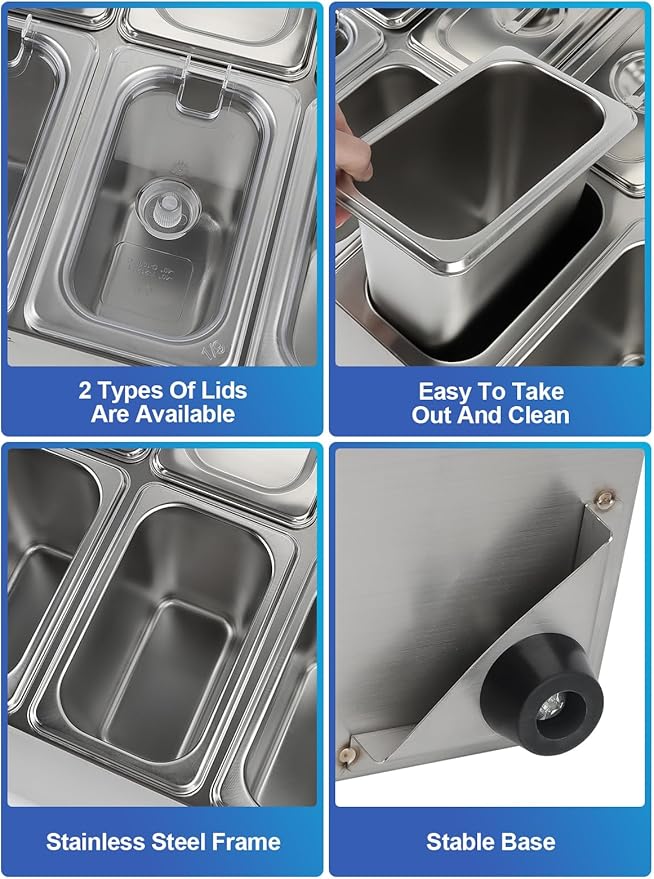 Lanstics 8 Pans Spice Rack Shelf 2 Row Stainless Steel Spice Organizer Stand with Lids Spoons Countertop Inclined Holder Buffet Containers Set for Sauce Jam Fruits Ingredient Kitchen Restaurant Pantry