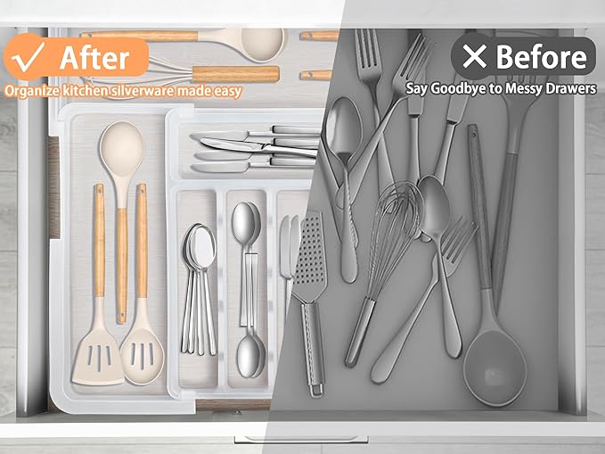Large Silverware Drawer Organizer Expandable Kitchen Utensil Organizer BPA Free Flatware Cutlery Holder Tray Adjustable Plastic Drawer Divider Storage for Forks Knives 6-9 Slots White