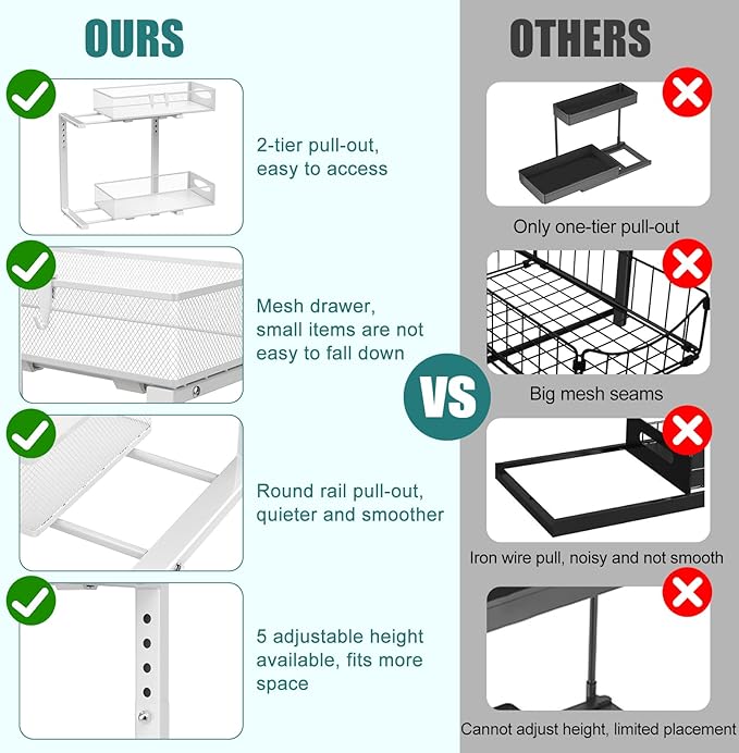Under Sink Organizer, 2 Tier Metal Pull Out Under Sink Storage with Sliding Mesh Drawers, Height Adjustable Slide Out Under Sink Organizer for Kitchen Bathroom Cabinet, 2 Pack, White
