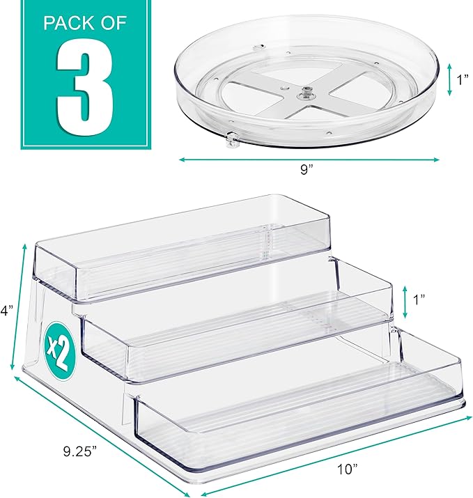Sorbus Pantry Spice organizer Set, 3-Tier Seasoning Organizer for Cabinet (2 Pack) and Lazy Susan Spice Rack Turntable 9-Inch, Spice Organization for Cabinet, Condiment Organizer Pantry & Refrigerator