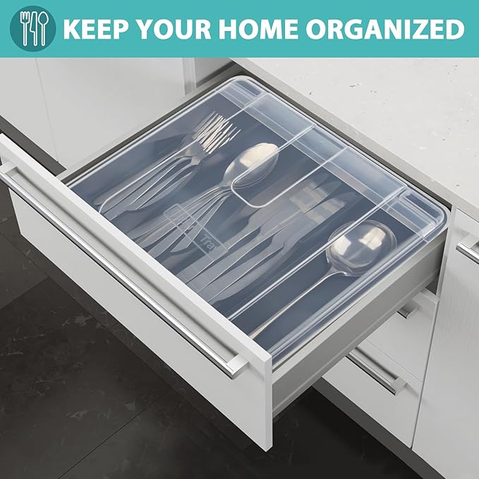 Utensil Holder for Countertop with Lid, Plastic Silverware Tray for Drawer, 5 Compartments Flatware Organizer, Black