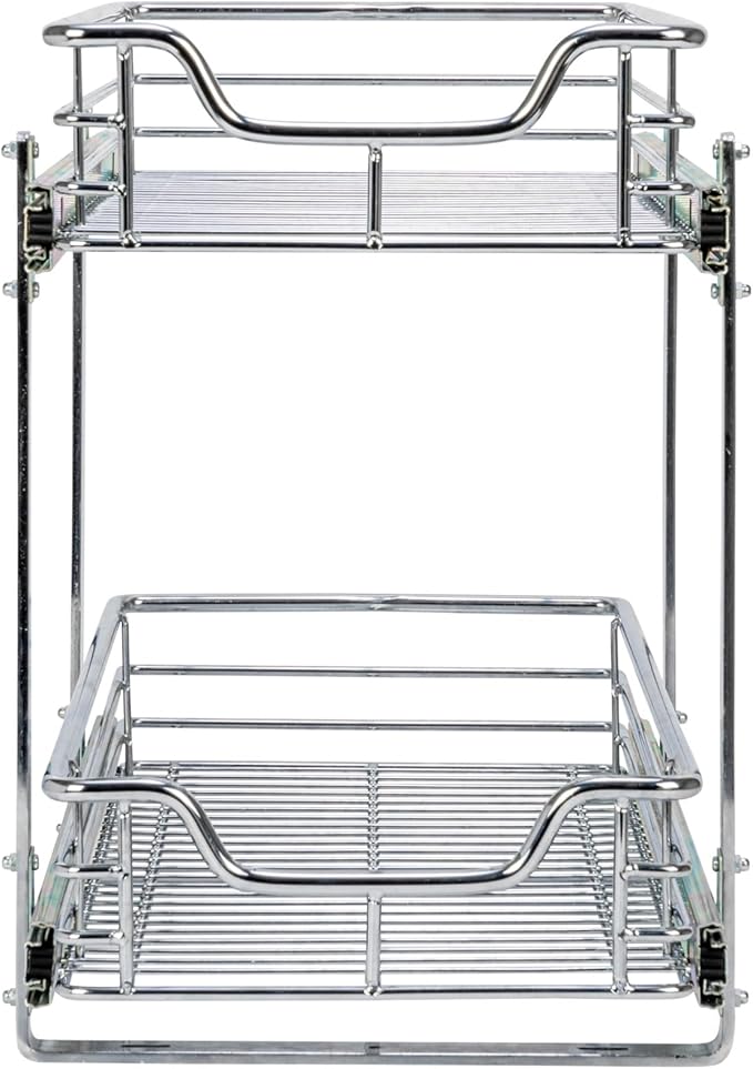 Household Essentials Glidez Slide Out Cabinet Organizer, 11.5” Wide, Durable Chrome-Plated Steel Frame,Dual Baskets & Smooth Glides,Heavy-Duty & Space-Optimizing,Simple Assembly & Installation, Chrome