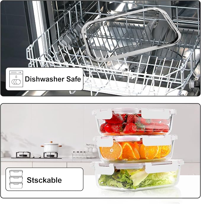 VERONES 10Pack Glass Meal Prep Containers, Airtight Glass Lunch Containers,Stackable Glass Food Storage Containers Set with Lids,Exclusive of BPA, for Microwave,Oven, Freezer&Dishwasher Friendly,White