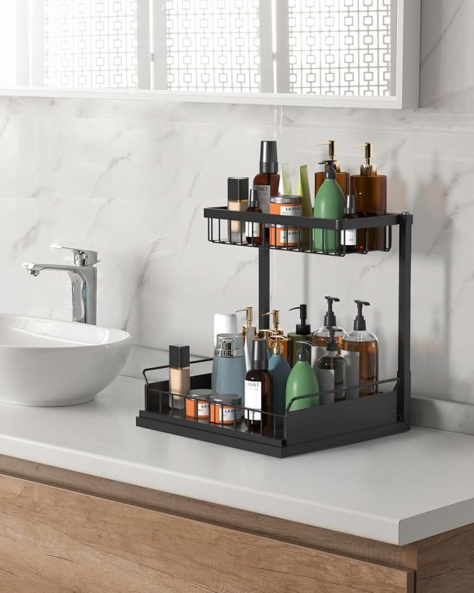 Under Sink Organizer,Metal Pull Out Kitchen Cabinet Organizer with Sliding Drawer,Sturdy Multi-Functional for Bathroom Organization,Black
