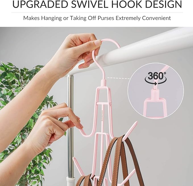 ZEDODIER Purse Hanger Organizer for Closet, Hanging Bag Holder, Keeping Purses Visible and in Good Condition, Metal Handbag Storage Hook Backpack Rack Space Saving Hanger, Pink