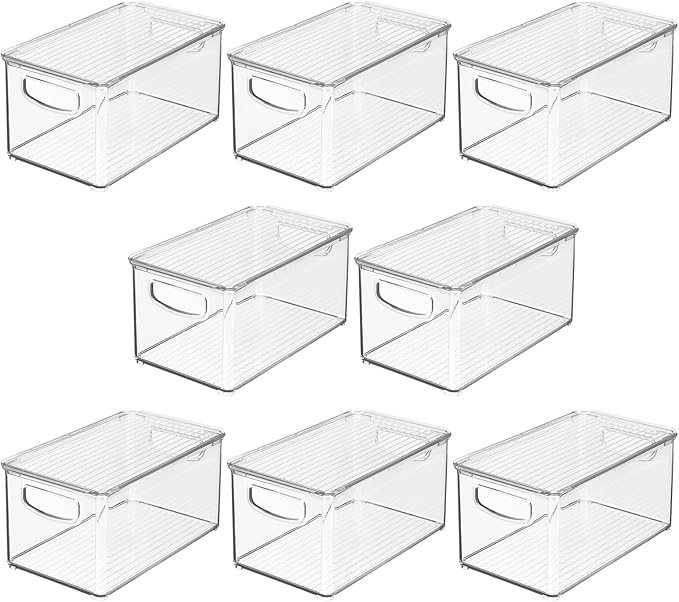 mDesign Plastic Deep Storage Bin Box Container with Lid and Built-In Handles - Organization for Fruit, Snacks, or Food in Kitchen Pantry, Cabinet, or Cupboard, Ligne Collection, 8 Pack, Clear