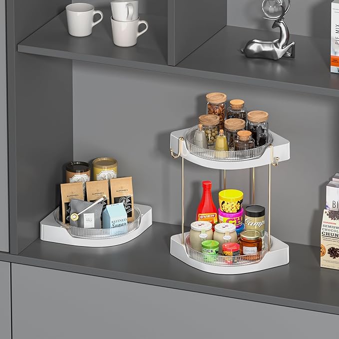 3 Pack Lazy Susan Turntable - Corner Spice Organizer for Cabinet - 9 Inch Rotating Condiment Rack Storage for Refrigerator, Pantry, Kitchen, Vanity, Bathroom Countertop (3 Tier-Clear)