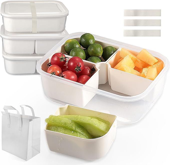 4Pcs Divided Serving Tray with Lid: Fruit Storage Containers for Fridge with 4 Removable Compartment, Storage Organizer for Snacks, Fruit, vegetables, Portable Snackle Box for Party, Travel, Picnics