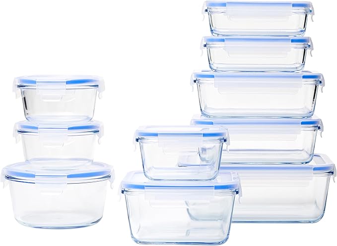 Amazon Basics 20-Piece Glass Food Storage Containers, includes 10 Bases and Plastic Lids, Transparent, Blue
