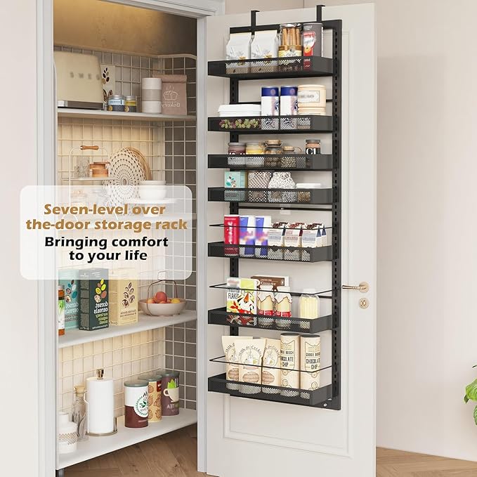UMDONX Over The Door Pantry Organizer,7-Tier Pantry Organization and Storage with Adjustable Baskets,Metal Hanging Spice Rack with 2 Detachable Guardrails