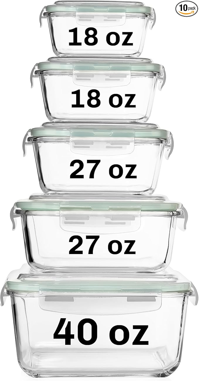 Razab 10 Pcs Glass Food Storage Containers with Lids โ 74, 40, 27 & 18 Oz | Glass Meal Prep Containers Reusable | Lunch Containers with Lids, BPA-free freezer storage