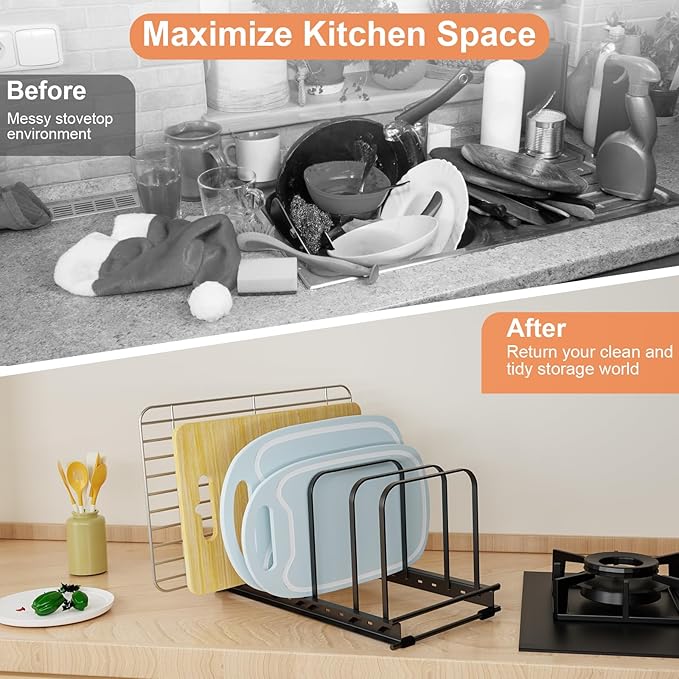 Cutting Board Organizer, 1Pcs Metal Bakeware Organizer Rack Holder Adjustable 7 Slots kitchen Cabinet Storage Rack for Cookie Cooking Sheet, Pan, Pot, Lids, Molds Cookware, 11.02x 5.91x5.51