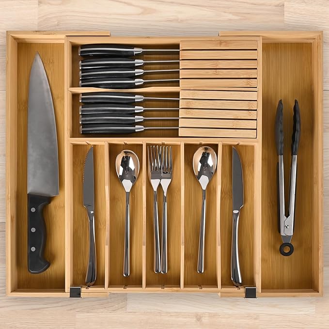 Silverware Organizer Expandable Bamboo Drawer Organizer with Non-Slip Stainless Steel Locking Clips, Kitchen Utensil Holder with Knife Block, Adjustable Cutlery Tray with Curved Grooves Dividers