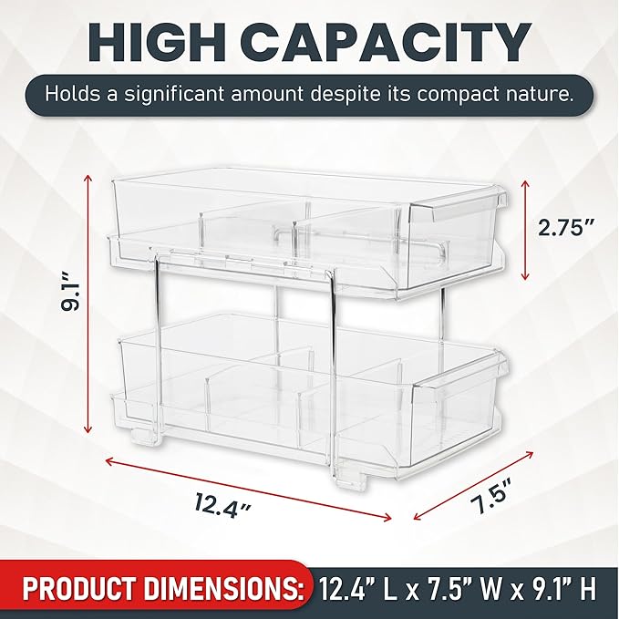 Masirs 2-Tier Clear Pull-Out Drawer Organizer - Sleek, Compact & Sturdy Makeup and Closet Organizer - Easy Assembly Kitchen Storage Solution, Ideal for Makeup, Tools, Medicines & Snacks