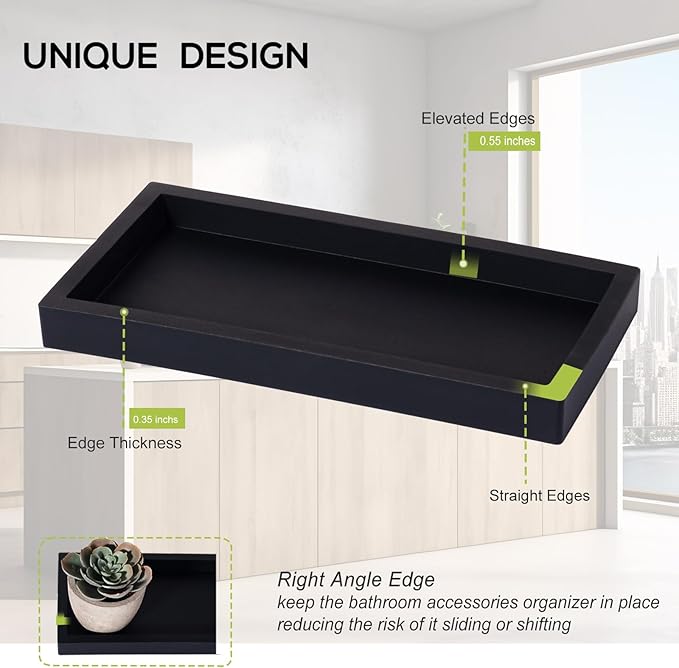 Small Silicone Bathroom Vanity Tray Rectangle Soap and Sponge Holder Kitchen Sink Organizer for Scrubber, Lotion Bottles, Perfume, Jewelry, Candle, Key Trinket Ring, Black