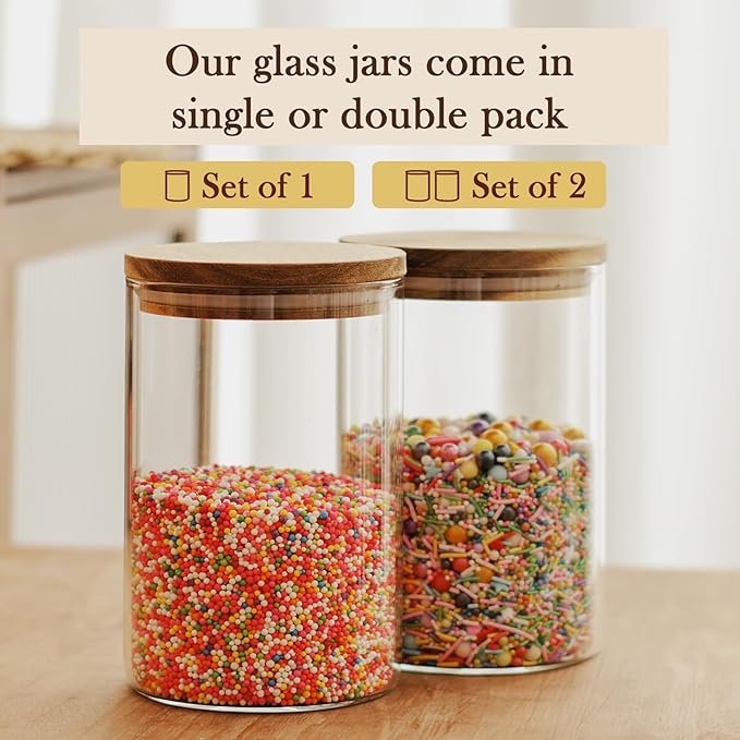 Labina Glass Storage Container Airtight Food Jars Kitchen Canister with Wood Lids, 32 Oz Wide Mouth Pantry Organization Glass Jar for Flour, Sugar, Cookie, Spagetti, Candy and Nuts (2 Pack)
